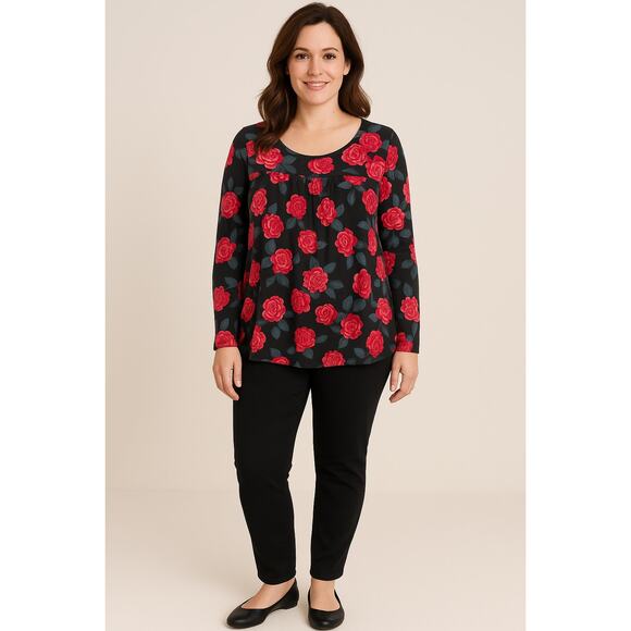 Matilda Jane shirt blouse top women's XL pink and red roses on black stretchy - Picture 1 of 16